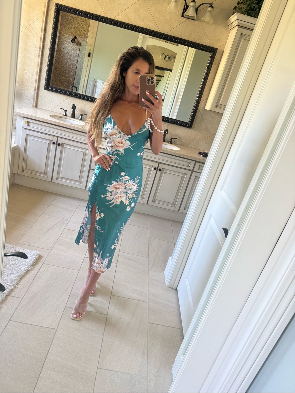 Floral Teal Midi Slip Satin Dress with Side Slit